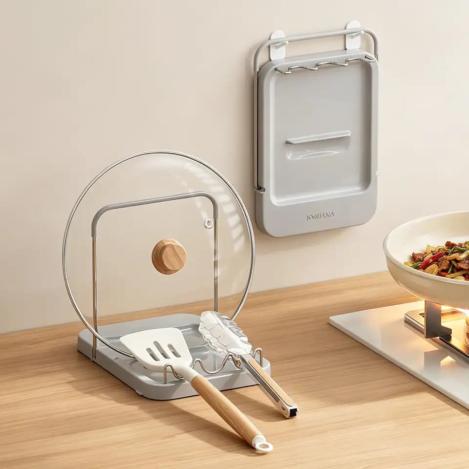 Pot Lid Holder with Wavy Spoon Rest for Kitchen Counter