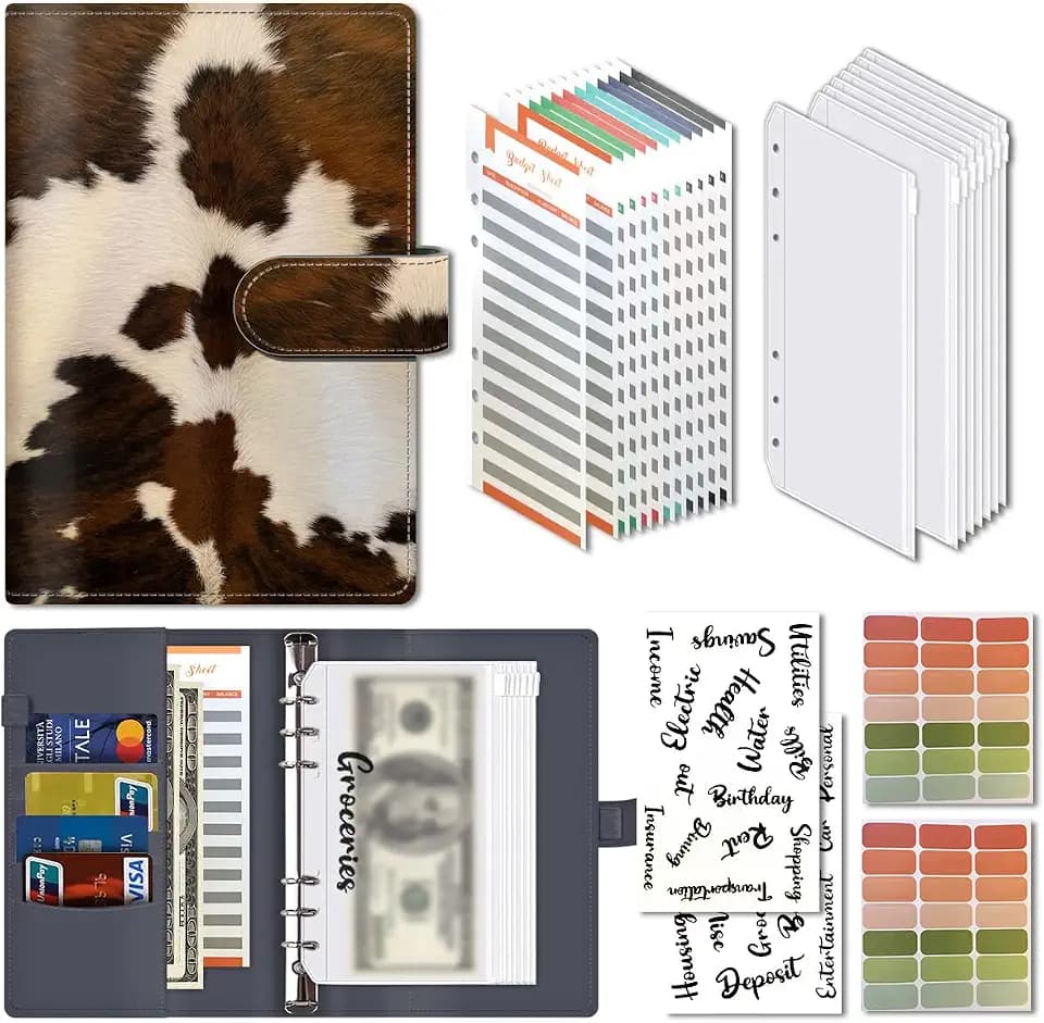 Budget Binder, Cute A6 Money Saving Binder with Zipper Envelopes, PU Leather Money Organizer for Cash, Expense Budget Sheets and Cash Envelopes for Budgeting Retro Brown Cowhide