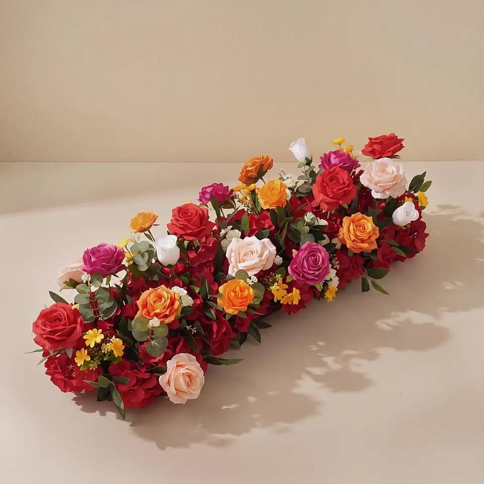 36 Inch Artificial Wedding Flower Row, Flower Runner with Chiffon Sheer Drape, Multicolor Rose in Red Pink Orange Yellow Floral Garland for Wedding Arch, Ceremony & Aisle Decor