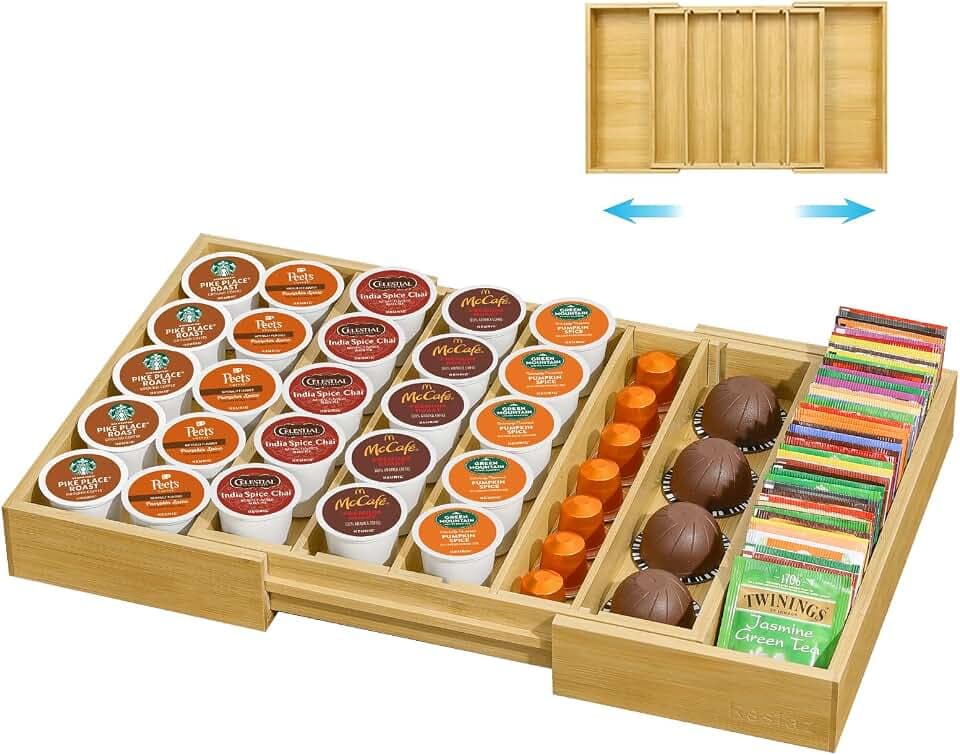 Coffee Pod Holder Drawer, Bamboo K Cup Holder Compatible with Nespresso Vertuo Capsules, 25-45 K Cup drawer organizer for Coffee Station Home Office and Kitchen (Bamboo)