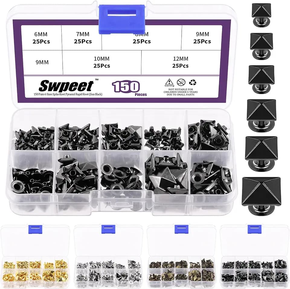 Swpeet 150Pcs 6 Sizes 6mm/7mm/8mm/9mm/10mm/12mm Gun Black Spike Rivet Pyramid Rapid Rivet Studs Kit, Square Rivets Metal Pyramid Fits for Bag Leather Clothing Shoes Rivet Handicraft DIY Punk