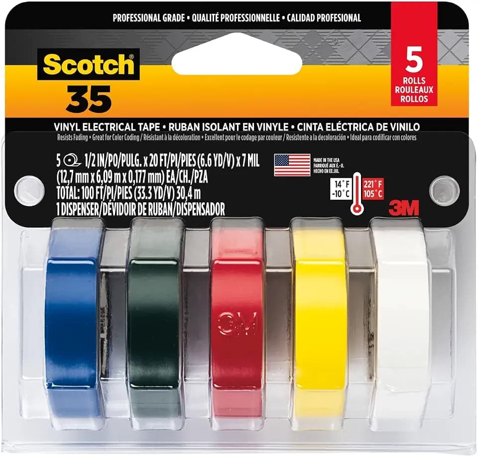 Scotch Electrical Tape, 0.5 in X 20 ft, 5/pk, Colored