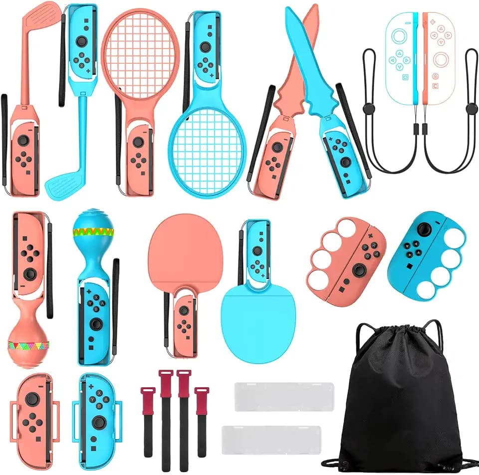 Switch 2 Sports Zubehör Set kompatibel mit Nintendo Switch 2 Konsole - Familie Partei Sports Bundle für NS Switch 2 mit Tennisschläger Golfschläger Schwert Joycon Griffen Beinschlaufen Tragetasche