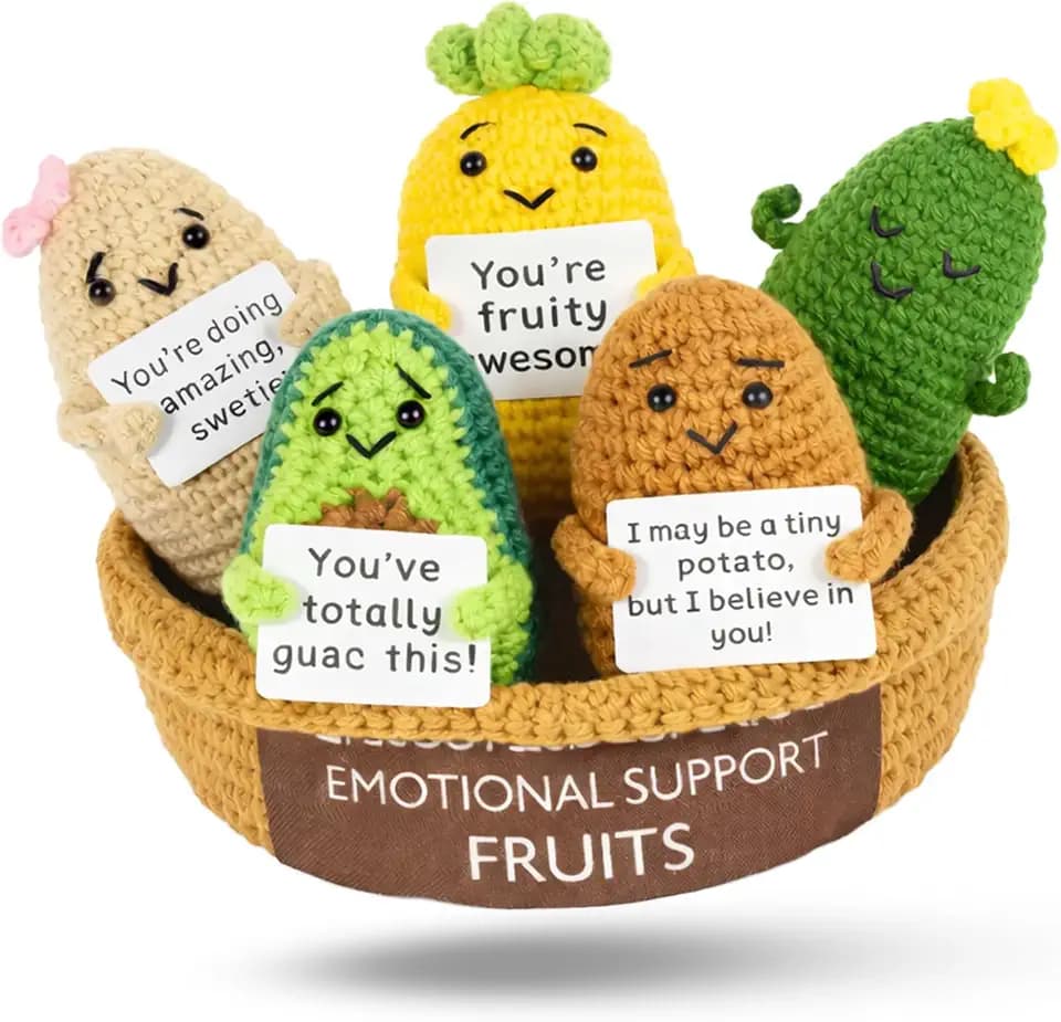 5pcs Emotional Support Crochet Fruits – Avocado Potato Pineapple Carrot Pickle Handmade Positive Gift Set, Funny Thank You Gifts for Women Coworker Teacher, Desk Companion