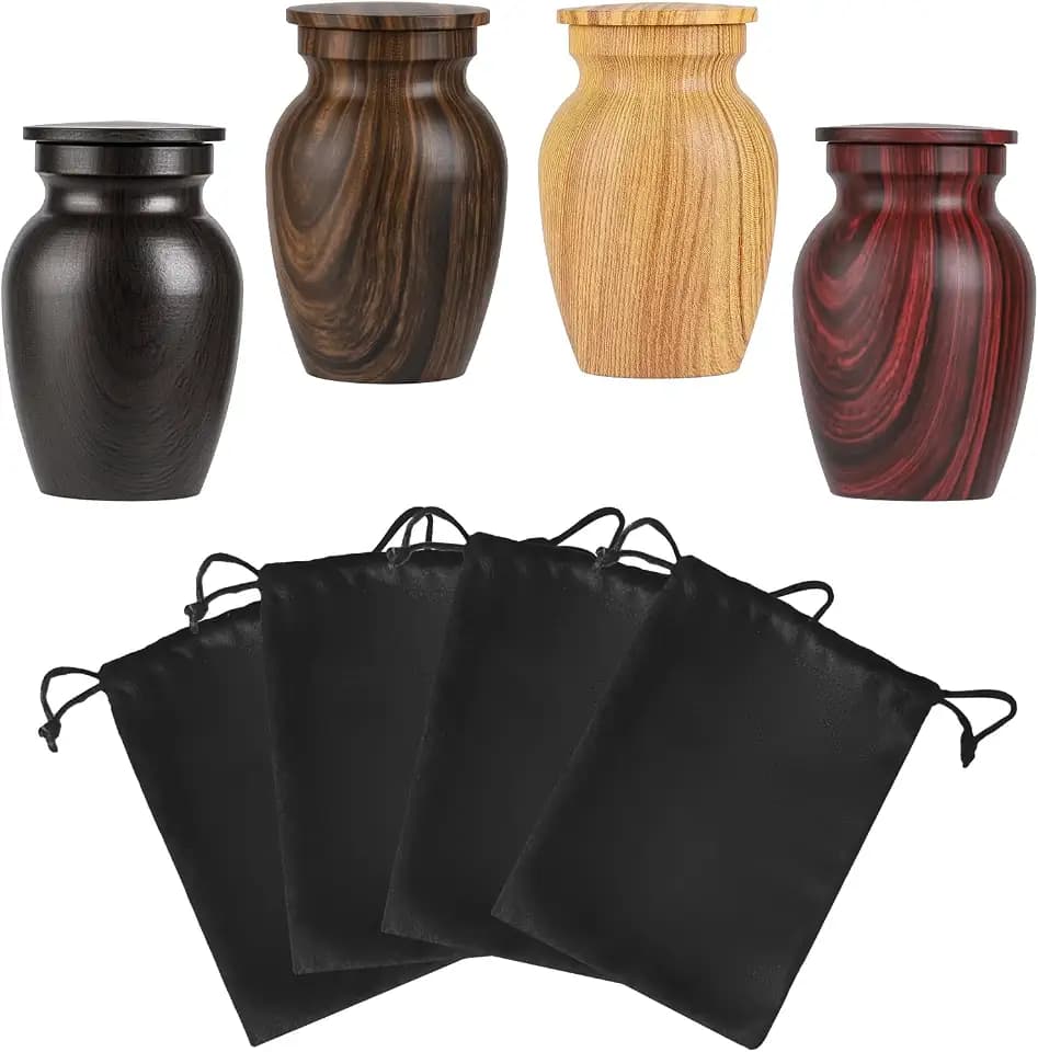 Small Urns for Human Ashes Set of 4, Metal Mini Urn with Wood Grain, Mixed