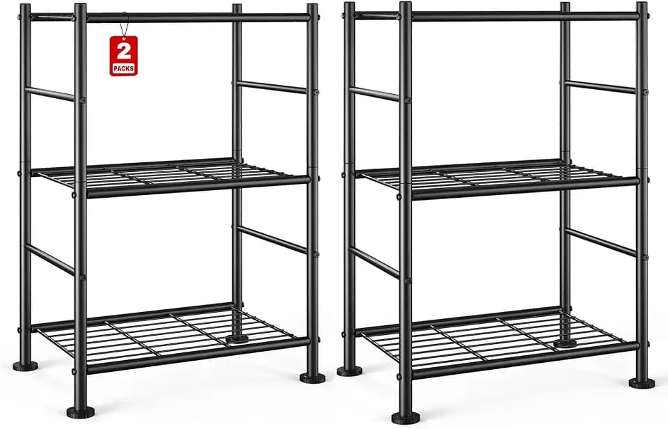 Sakugi 2-Pack Storage Shelves - 3-Tier Metal Wire Shelf Organizer, Slim Shelf Rack with Adjustable Feet for Laundry Room, Kitchen, Garage Organization, 18.2" x 12.3" x 30.4", Black