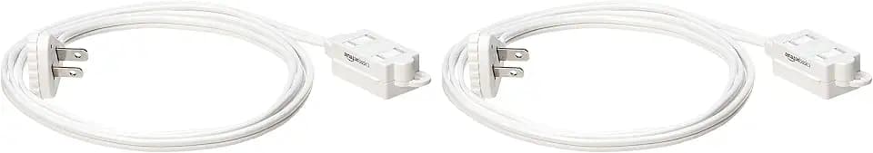 Amazon Basics 6-Foot 2-Prong Indoor Extension Cord Power Strip with Flat Plug, Space-Saving Design, 13 Amps, 1625 Watts, 125 VAC, White, 2-Pack