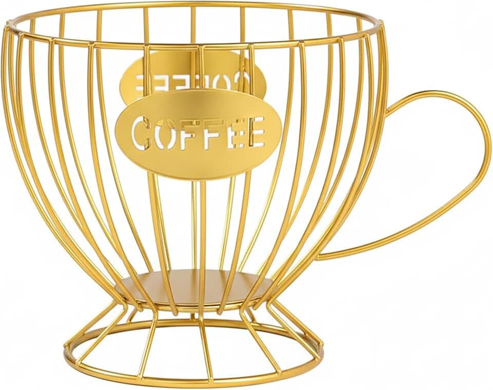 Metal Coffee Pod Holder, Large Capacity Capsule Storage Basket for Countertop, Creative Espresso Organizer in Unique Mug Shape, Coffee Bar Accessories for Home & Office(Gold Cup)