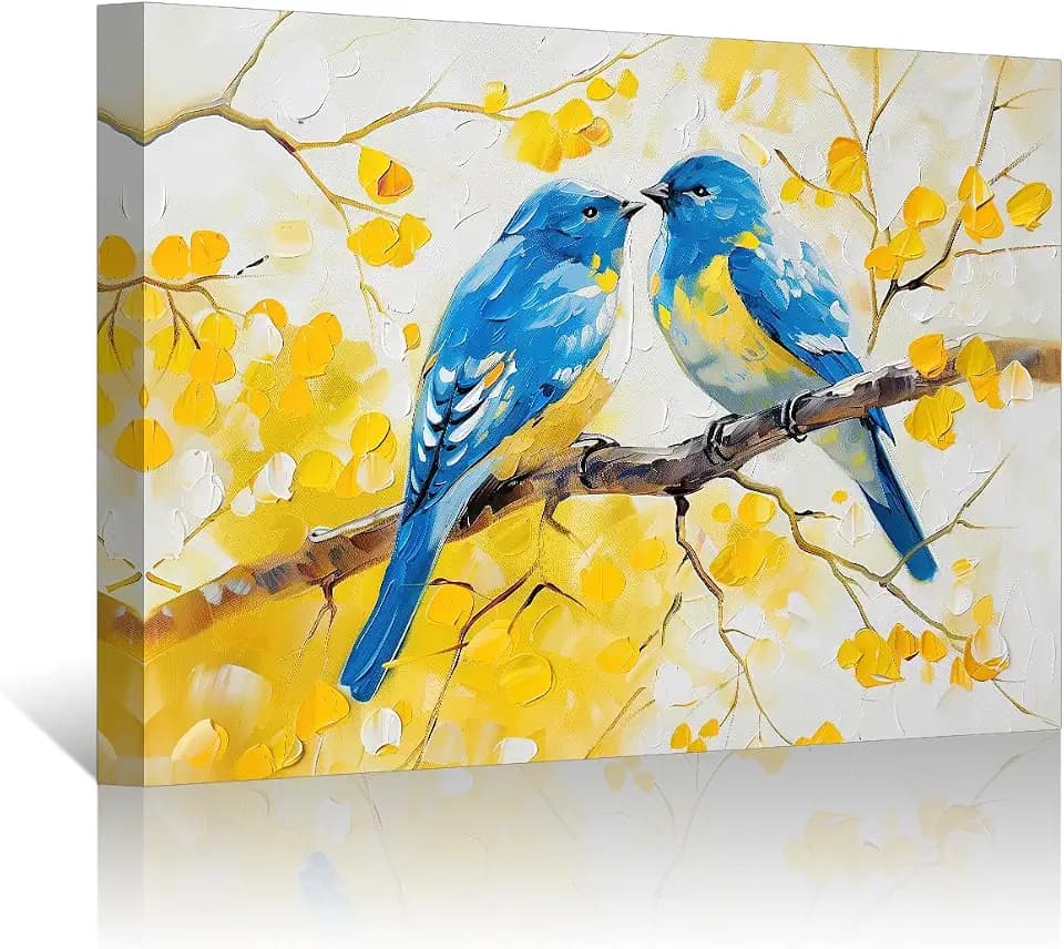 PBXBJY Bird Canvas Wall Art Love Birds Oil Painting Prints Blue Birds on Yellow Tree Branch Romantic Picture Abstract Sparrow Animal Artwork Home Bathroom Decor (12.00" x 18.00")