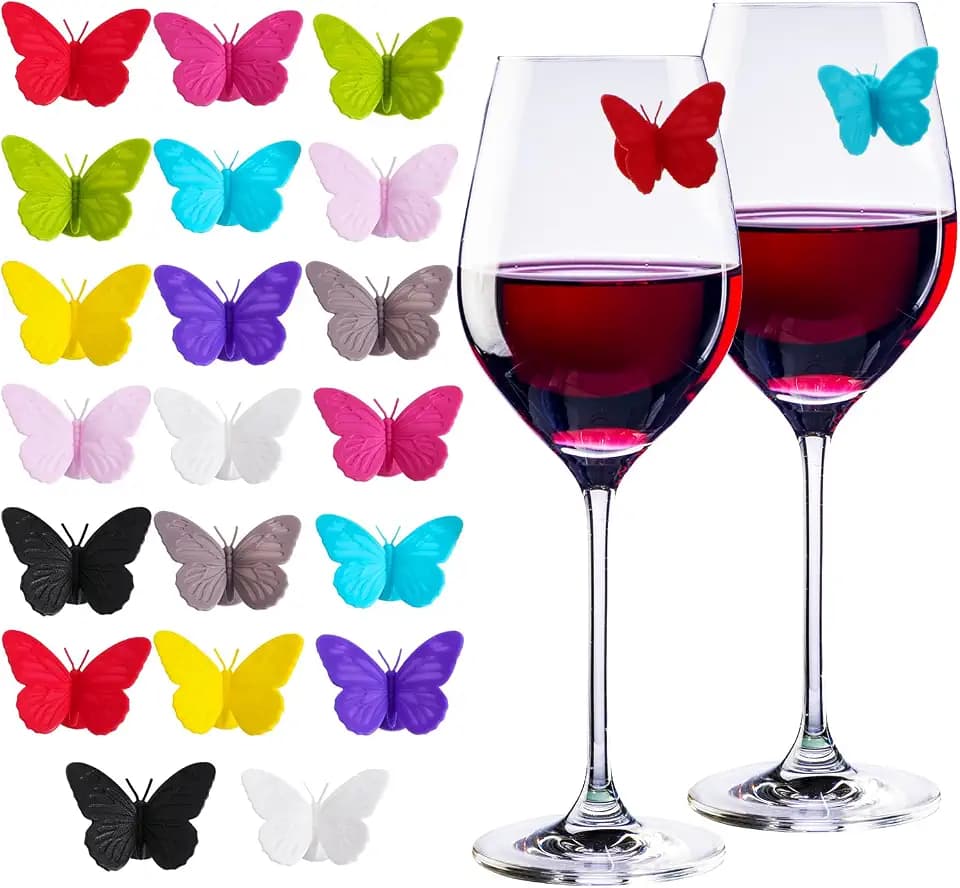 Outus Wine Glass Markers 20 Pcs Butterfly Drink Charms Silicone Suction Cup