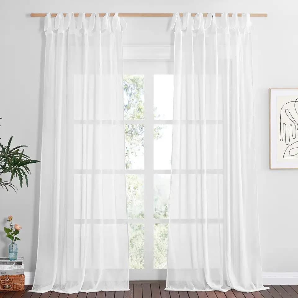 NICETOWN White Linen Sheer Curtains 84 inch Long 2 Panels, Adjustable Tie Top DIY Crafted Flax Semi Sheer Privacy with Light Filtering Vertical Drapes for Bedroom/Living Room, W52 x L84