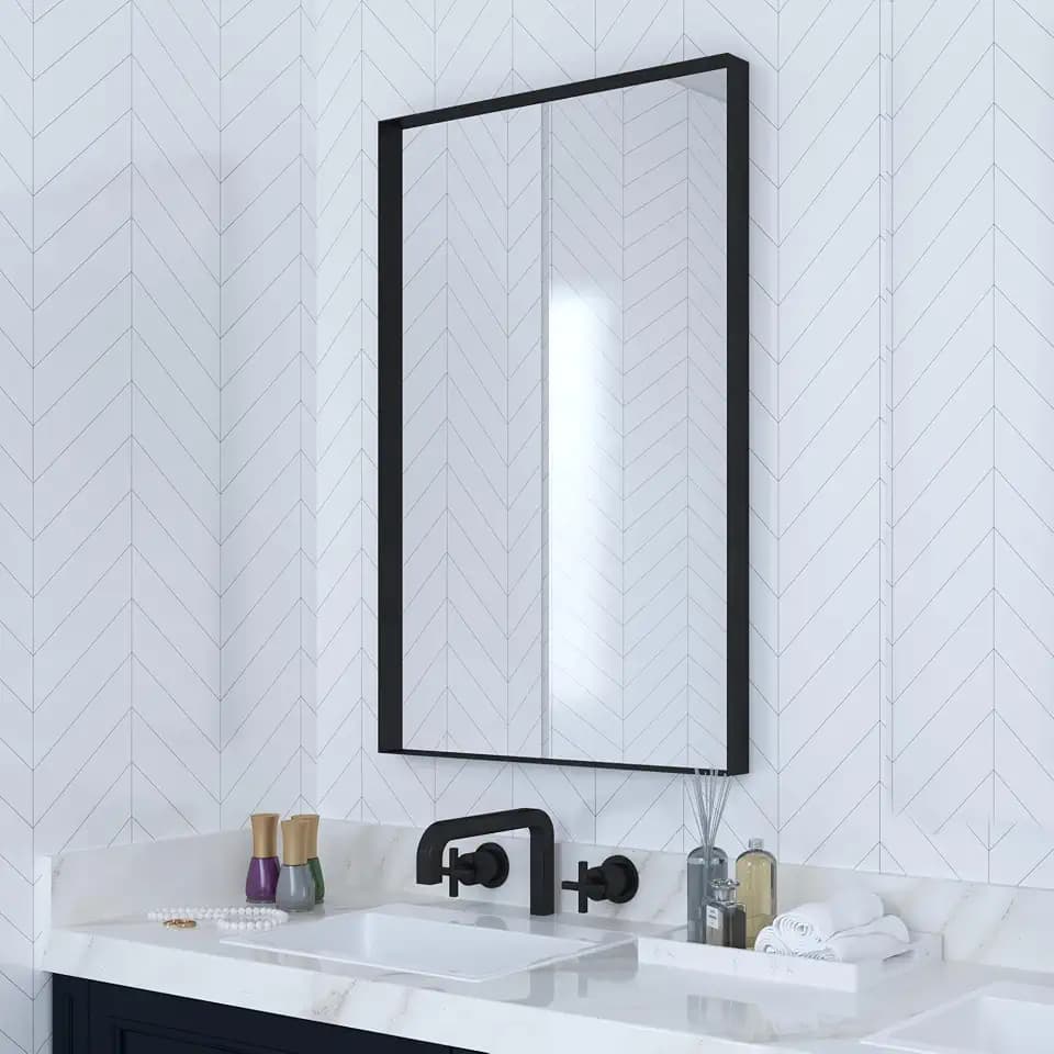 VocalStar Black Metal Framed Bathroom Mirror for Wall, 22 x 30 Inch Square Corner Rectangle Black Bathroom Vanity Mirror Modern Farmhouse, 1/4-inch Shatterproof Glass | Ultra-Flush Hanging