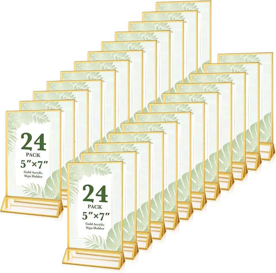 24 Pack 5x7 Gold Acrylic Sign Holders, Double Sided Picture Frame Stands