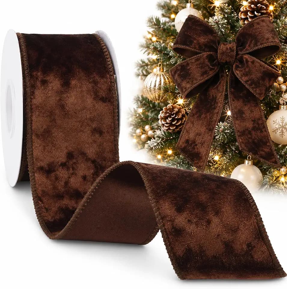 GXTIZAS Brown Velvet Wired Ribbon, 2.5 Inch x 5 Yards, Christmas Decor