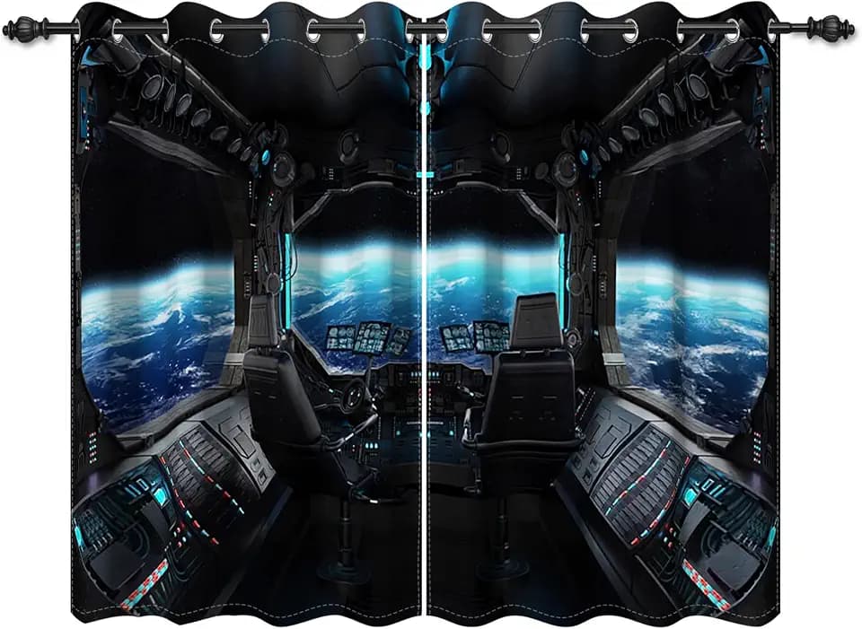 Renaiss Spacecraft Interior Window Curtains Futuristic Spaceship Cockpit Window Treatments Outer Space Earth View Blackout Drapes for Bedroom Living Room French Door Decor 53x63 Inches x 2 Panels