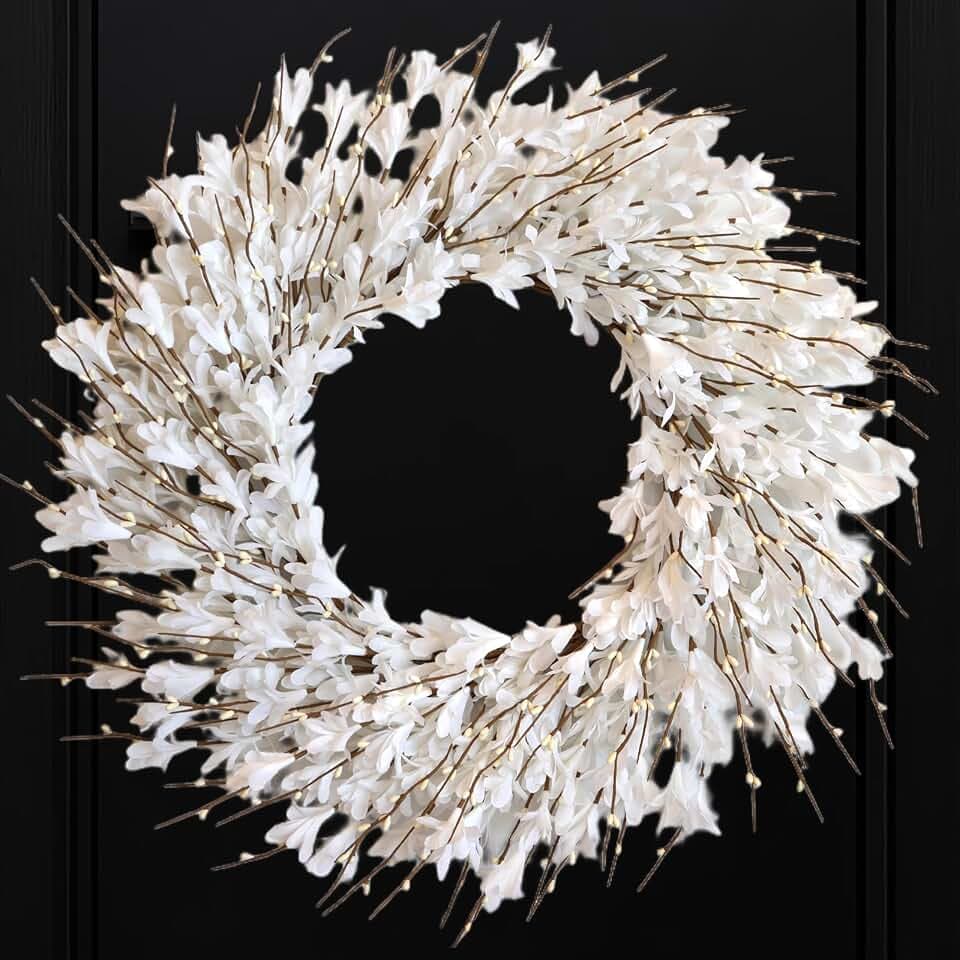 22inch Artificial Forsythia Flower Wreath Spring Summer Fall Wreath Silk Leaves for Front Door Decoration Porch Farmhouse Patio Garden Home Decor (White)