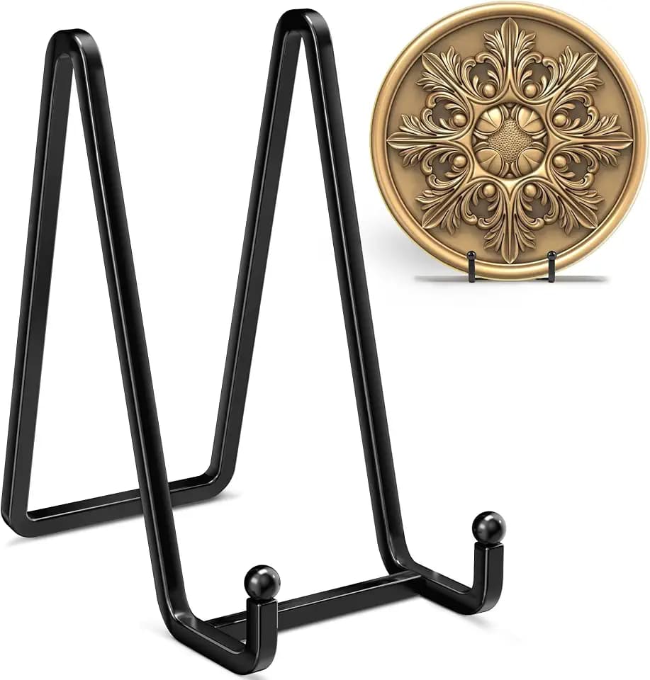 IPAME 4 Pack Plate Stands for Display - 6 Inch Metal Square Wire Plate Holder Display Stand + Picture Frame Stand Holder Easel for Book, Decorative Plate, Plaque, Photo, Platter (Black)