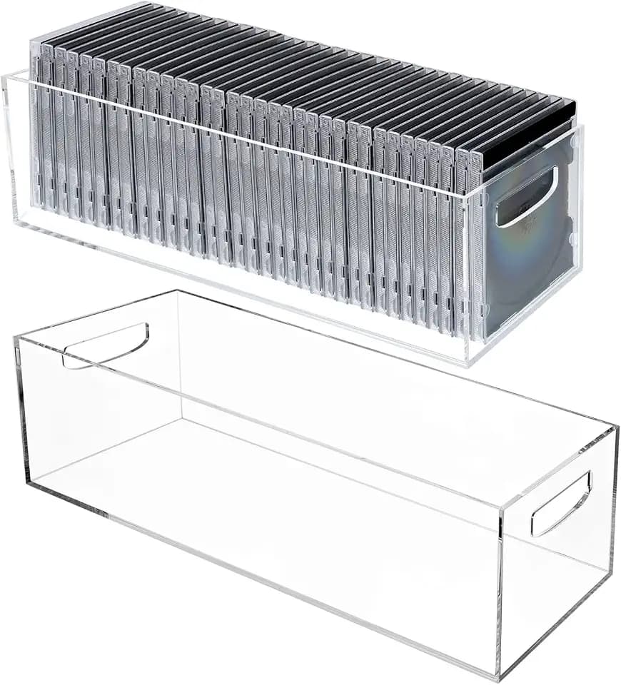 2 Pack DVD/CD Storage Box Acrylic Clear DVD Holder Case with Handles Stackable Storage Container Shelf Organizer Bin for CDs Video Games Cases Blu-Rays Books Booklets Countertop Cabinet Home Office