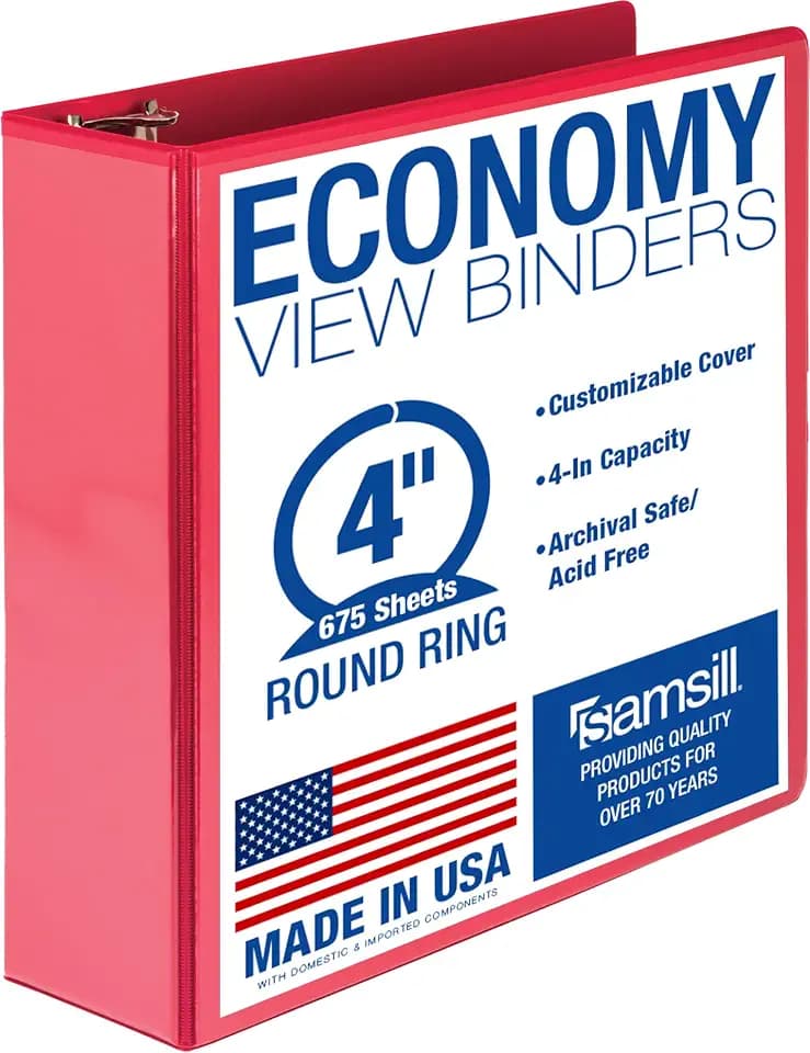 Samsill 4 Inch 3 Ring Binder, Economy Round Ring, Clear View Cover, 675 Sheet Capacity - for Schooo, Home, Office - Ruby Red