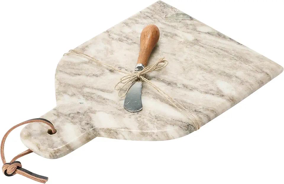 Creative Co-Op Marble Cheese and Cutting Board with Handle, Leather Tie and Canape Knife, Buff, Set of 2