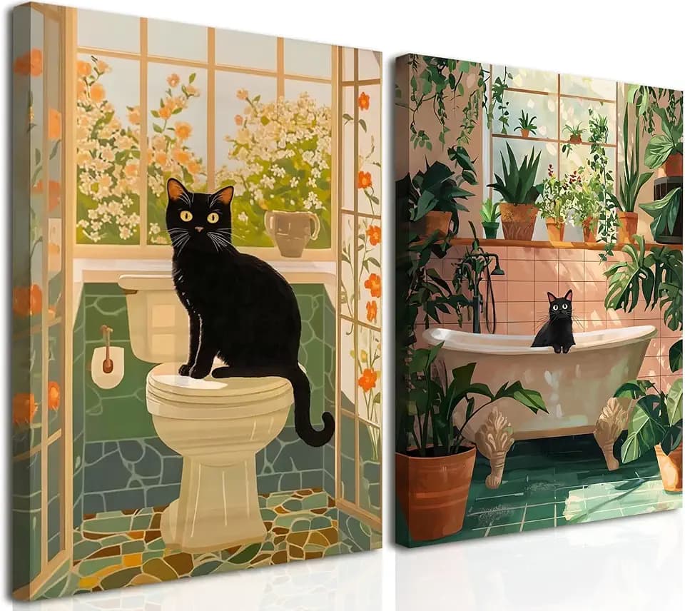 Funny Black Cat Bathroom Wall Art Set of 2, Eclectic Black Cat in Bathroom Wall Decor Paintings, Whimsical Animal on Toilet Poster Canvas Print Artwork for Toilet Restroom Framed 12x16 inch