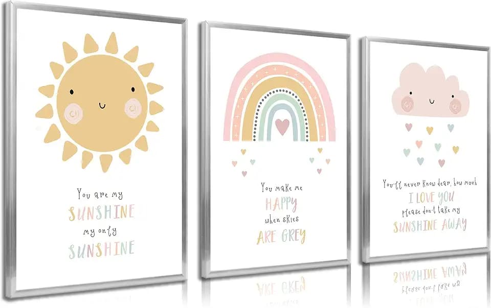 3pcs Pink Nursery Canvas Wall Art Cute Sun Rainbowdark Clouds Posters Prints Kids Bedroom Baby Girls Toddler Pastel Wall Decor Pictures for Classroom School Nursery Decoration Unframed