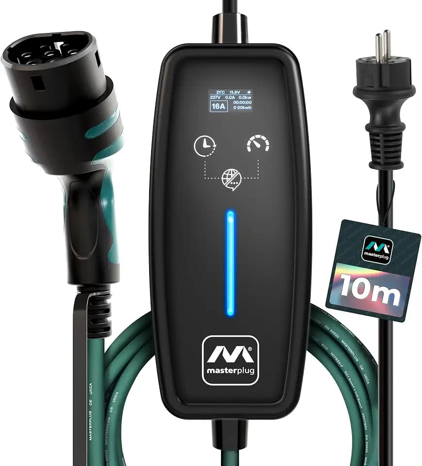 Masterplug Ladekabel für Elektroauto mit Digitalanzeige, Schuko, Tragbares, 10 Meter, Modus 2, E Auto Typ 2, 3.6kW, 16A, EVCM221610G/EU