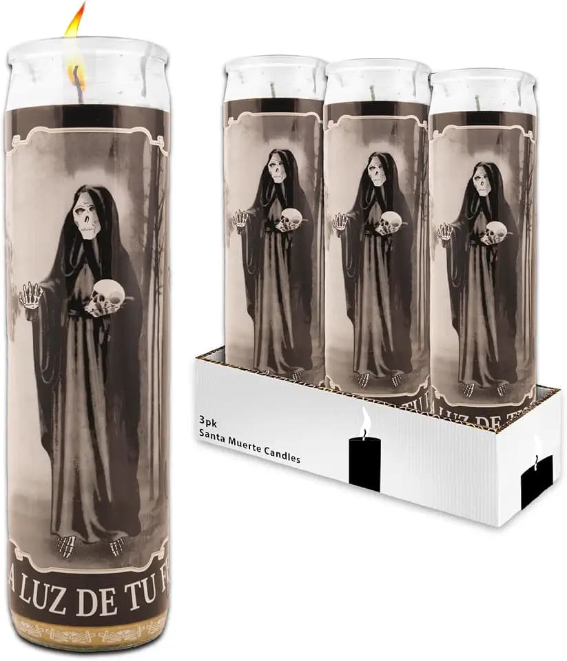 3 Pack Santa Muerte 8 Inch Black Religious Candles - Bundle with 3 Holy Death Candles for Vigils, Prayers, Blessing Ceremonies, and More | Santa Muerte Devotional Candles