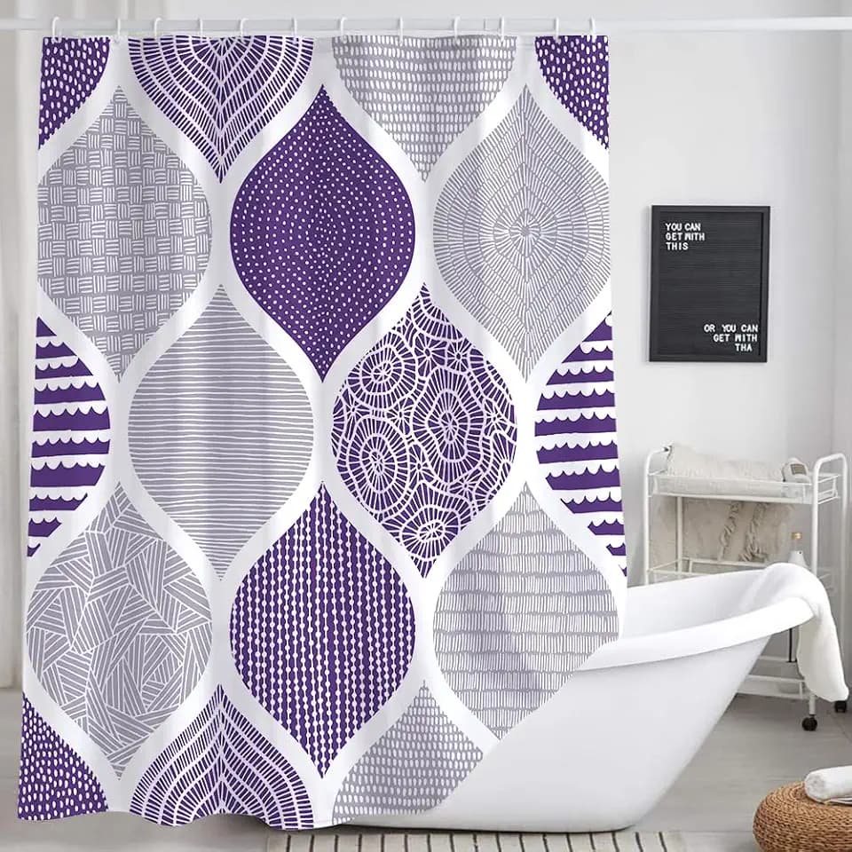 Purple and Grey Shower Curtain, Lavender Retro Bohemian Geometric Fabric Shower Curtains Set for Bathroom Decorative, Boho Modern Abstract Paisley Restroom Decor Accessories with Hooks 72X72 Inch