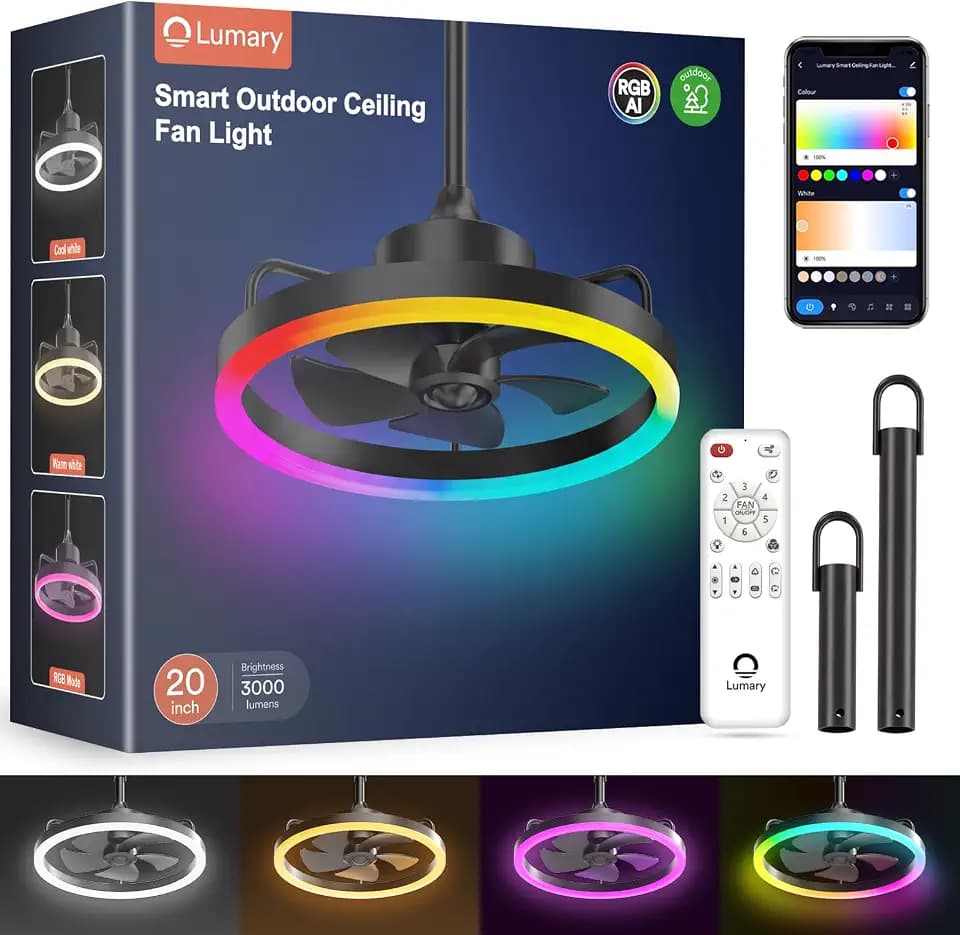 Lumary Smart Gazebo Ceiling Fan w/Light & Remote, RGBCW Outdoor Fan, 20''