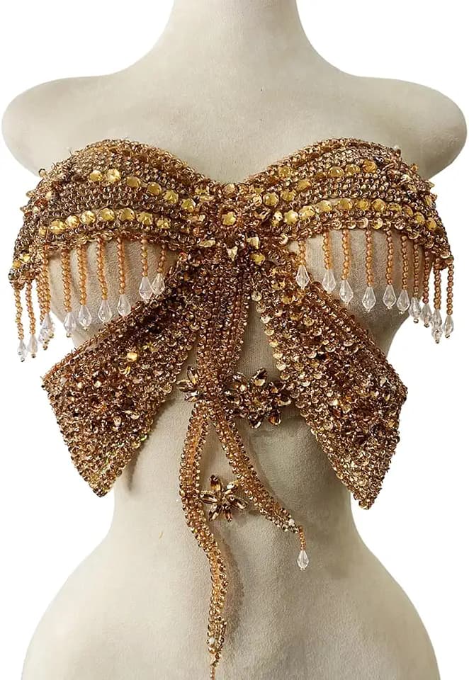 Butterfly Shape Bodysuit Applique Pure Hand-Stitched Beads and Crystal Patches Creative Tassels Shiny Dress Decorative Accessories (Champagne)