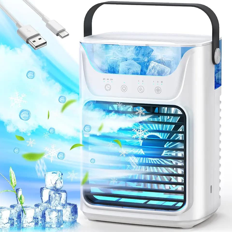 Portable Air Conditioners, 3 Wind Speeds & 7 LED Lights Evaporative Personal Air Cooler, 4 in 1 Portable AC with 650 mL Large Water Tank, Mini Air Conditioner for Bedroom/Car/Home/Camping/Room
