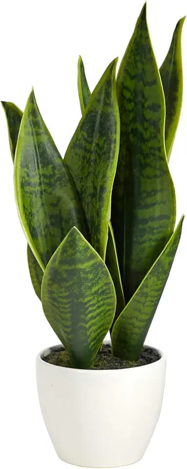 Nearly Natural 16 in Artificial Sansevieria Snake Plant White Planter Decor