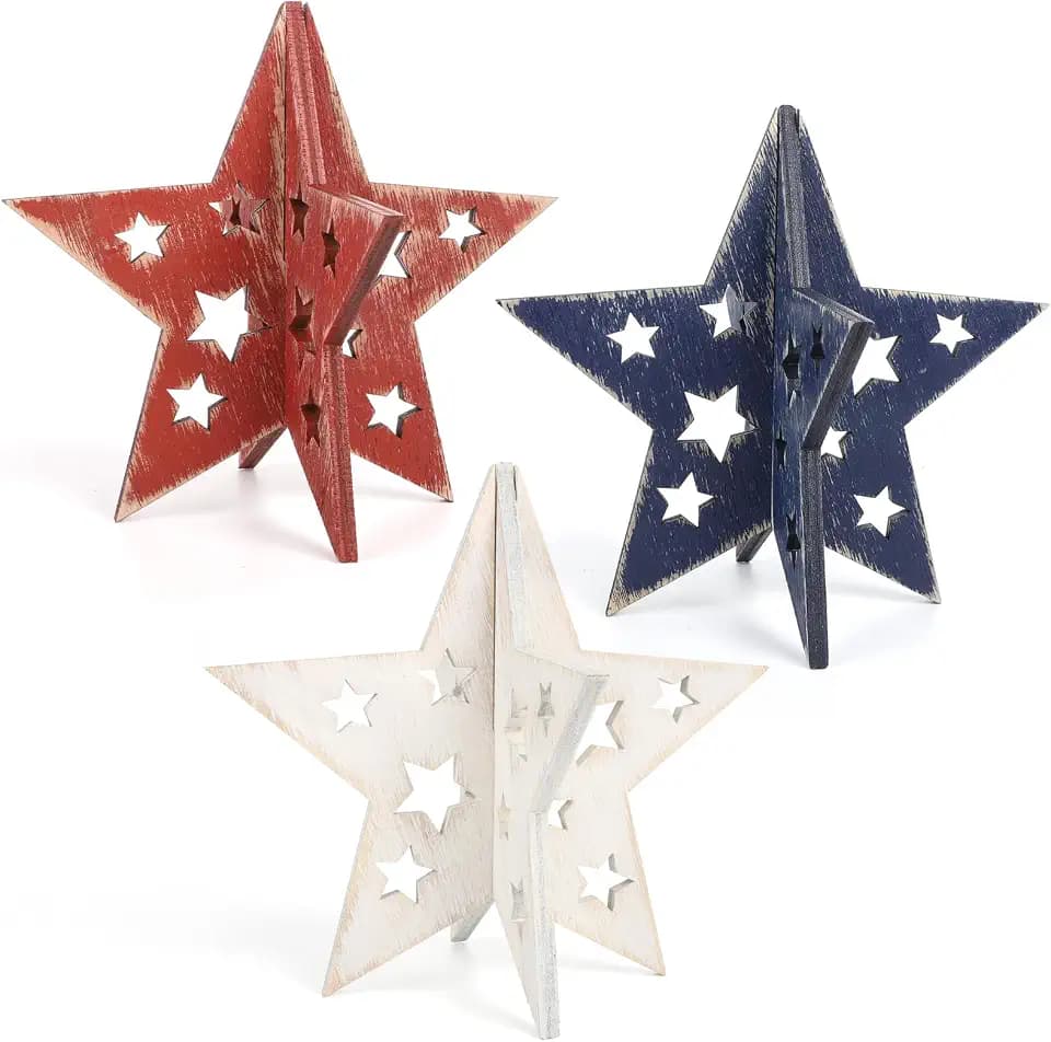 6" Vintage Red Blue White Patriotic 3D Stars, 4th of July Decorations Set