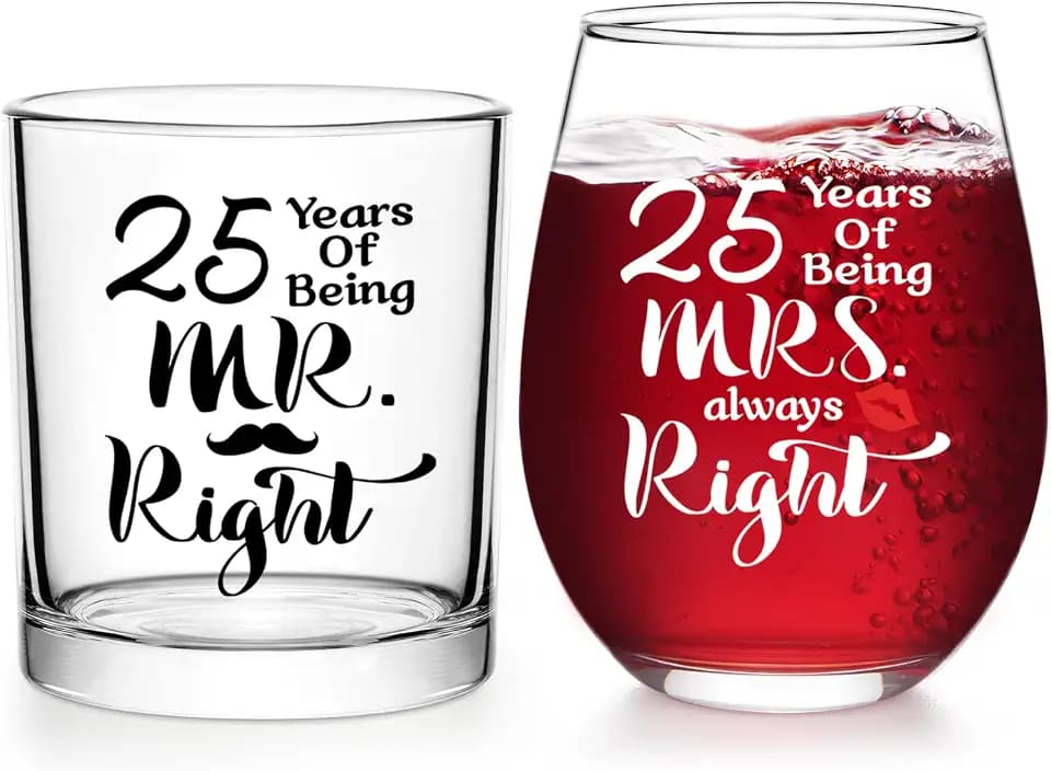 Futtumy 25th Anniversary Glass Gifts Set, 25 Years of Being Mr Right & Mrs Always Right 17oz Wine 10oz Whisky Glass, 25th Wedding Anniversary for Wife Husband Couple Parents Grandparents Friends
