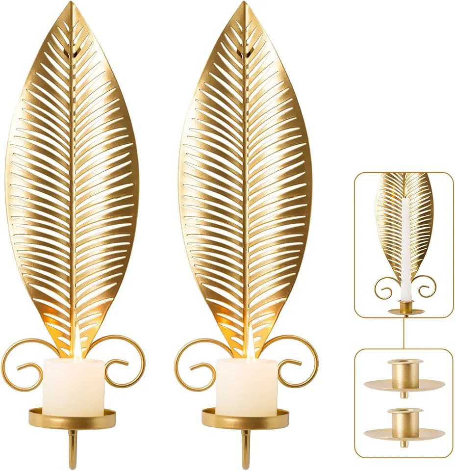 Gold Wall Candle Sconces Set of 2, Taper & Pillar Wall Iron Candelabra, Metal Golden Leaf Decor Sconce for Entryway Stair Corner Living Room, Farmhouse Fireplace,Gifts for Men Women Mom or Dad(Gold)
