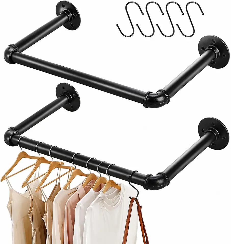 ZOOFOX Set of 2 Wall Mounted Clothes Rack, 21" Heavy Duty Iron Pipe Clothing Garment Rail with S-shaped Hooks, Multi-Purpose Clothing Hanging Rod for Bedroom, Laundry Room and Closet Storage