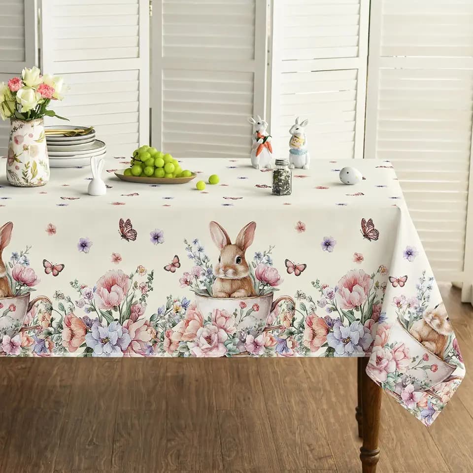 Horaldaily Easter Tablecloth 60 x 104 Inch Rectangular Bunny Rabbits Cups