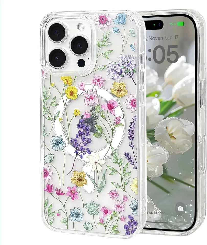 NITITOP Compatible with iPhone 16 Pro Case Cute Clear Magnetic Compatible with MagSafe Flowers Floral Branch Plant for Women Girls Hard PC Back Shockproof Protective Cover - Colorful