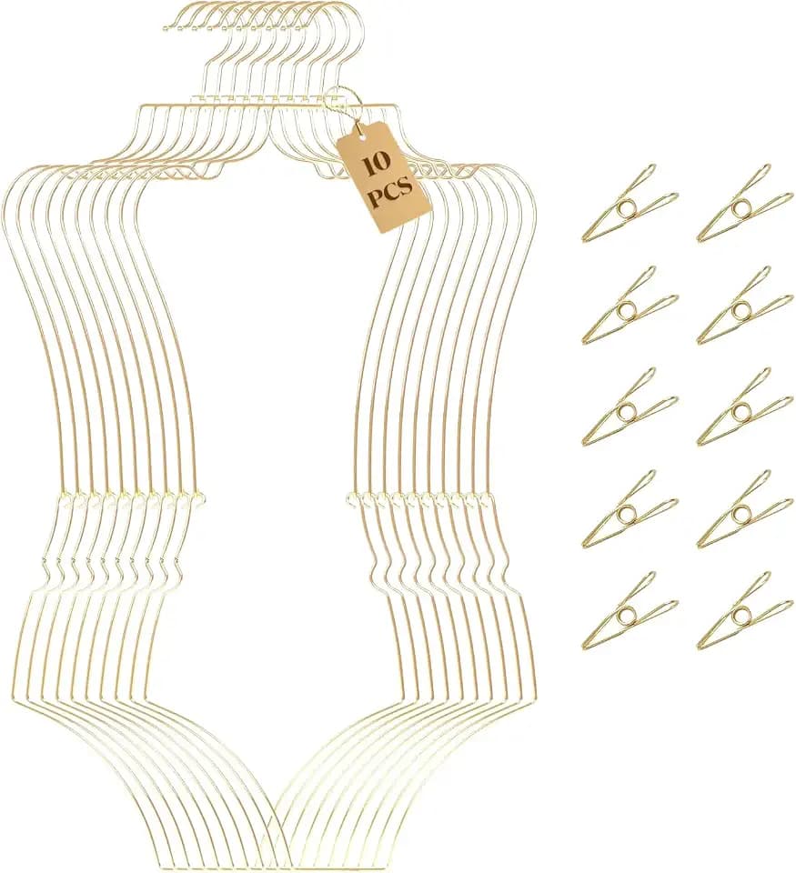 Lingerie Hangers, 10 Pack Metal Swimsuit Display Hangers with 20 Clips for Bathing Suit, Bikini, Wire Body Hanger for Store, Closet Display and Organization of Swimwear, Lingerie Collections (Gold)
