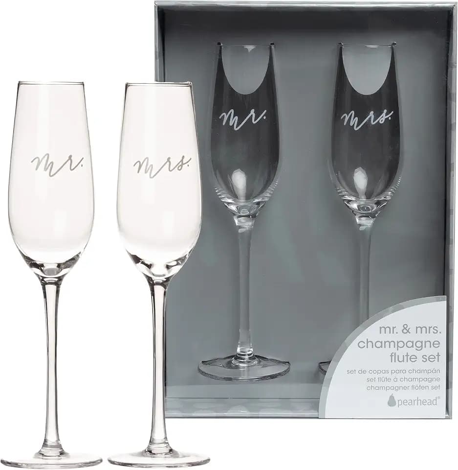 Pearhead Mr. & Mrs. Champagne Flute Set - With Gift Box Packaging, Elegant His and Hers Wedding Toasting Glasses for Reception, Bridal Shower and Registry Idea, Tall Wine Glasses for Bride and Groom
