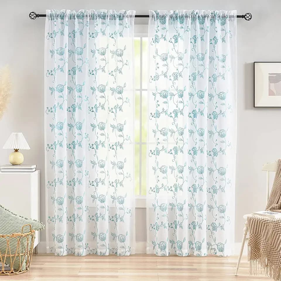 Embroidery Sheer Curtains Blue 95 Inches, Floral Pattern Window Treatments Rod Pocket Drapes for Living room, Bedroom, Semi Voile Curtain Panels for Yard, Patio, Villa, Parlor, Set of 2, 52"x 95".