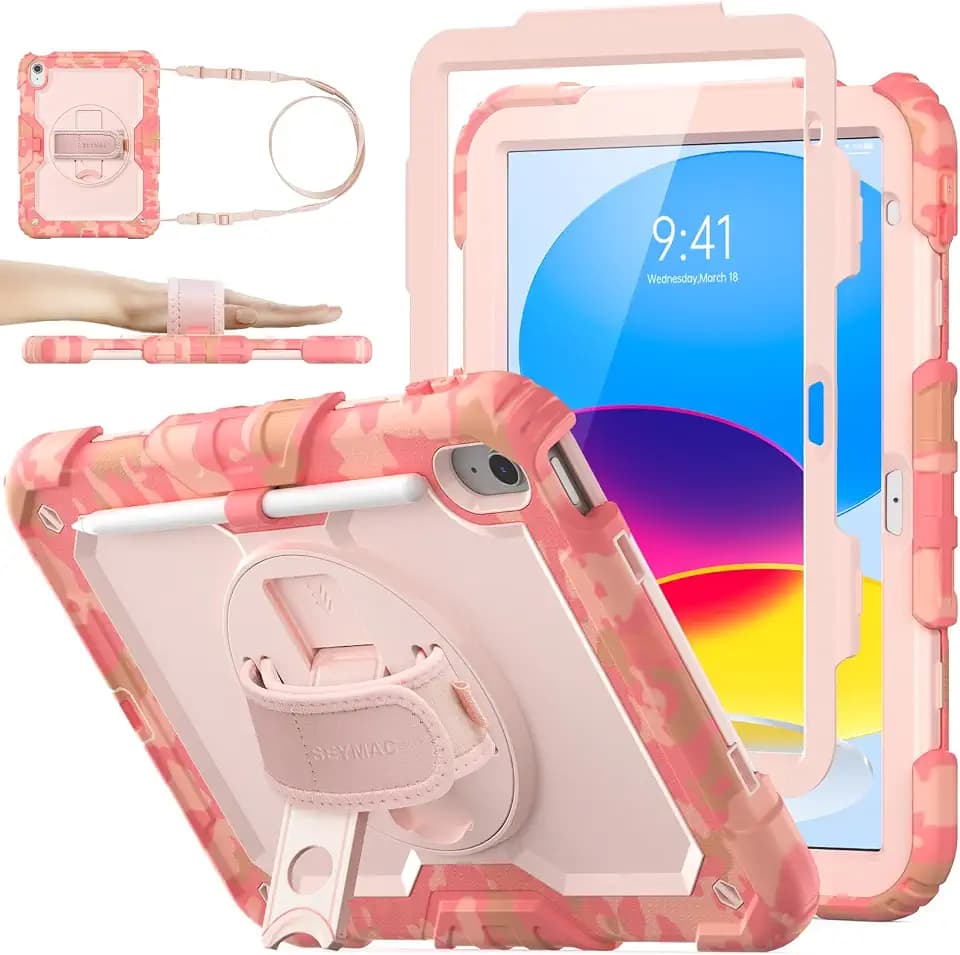 SEYMAC stock Hülle für iPad A16 11./10. Generation 11"/10.9", Tarnblau | Rundumschutz,Zwei Frontrahmen,Displayschutzfolie, 360° Drehbarer Ständer/Handschlaufe,Verstellbarer Schultergurt,Stifthalter