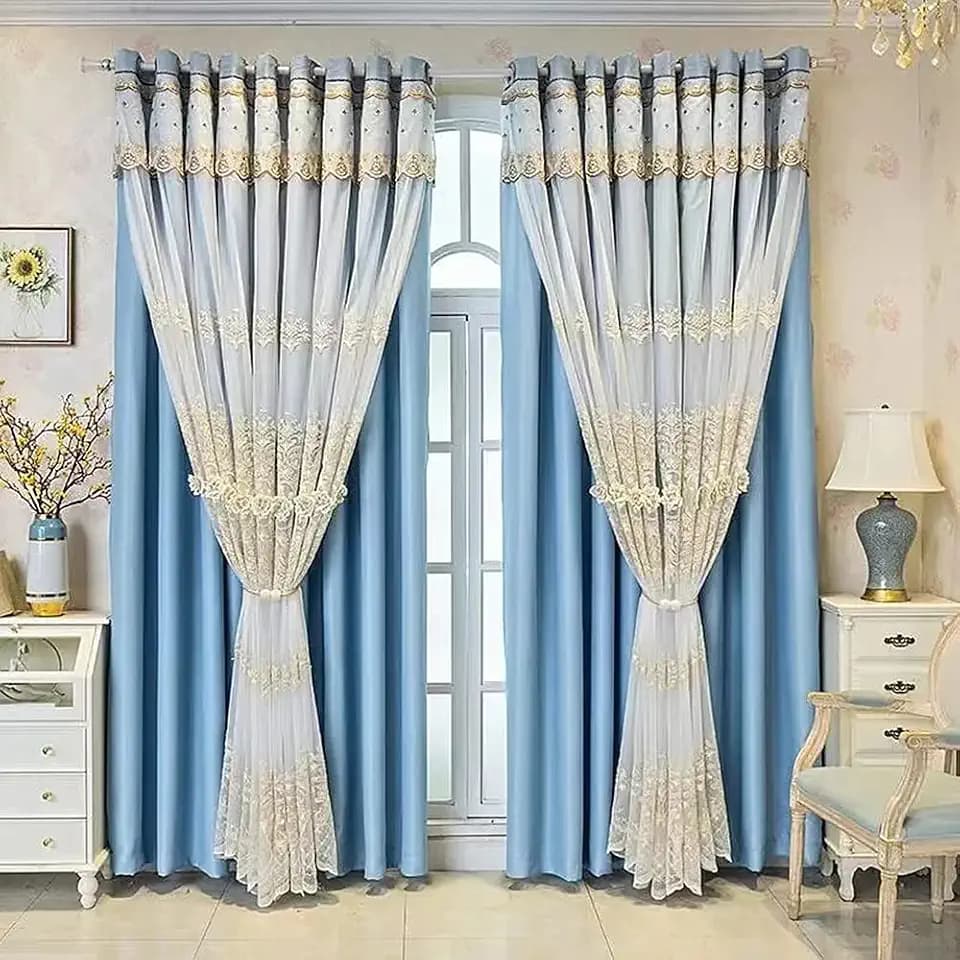 Amidoudou 1 Pair European Double Layer Curtains with Valances for Living Room Bedroom Luxury 3D Flower Embroidered Curtains (Blue,52x84 Inch)