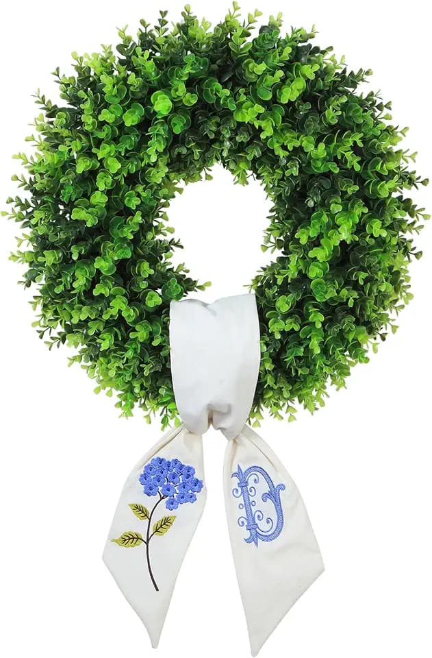 Boxwood Wreaths for Front Door Spring Summer Wreaths Farmhouse Hanger,Last Name Initial Year Round Porch Decor, Door Wreath with Personalized Monogram sash Embroidered -20 inch (D)