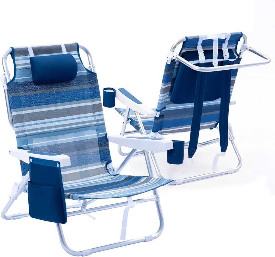Beach Chair 2 Pack Aluminum 5 Positions Lay Flat Mesh Fabric Folding Beach Reclining Chair with Backpack Straps, Cooler Bag & Cup Holder for Outdoor Lawn Camping
