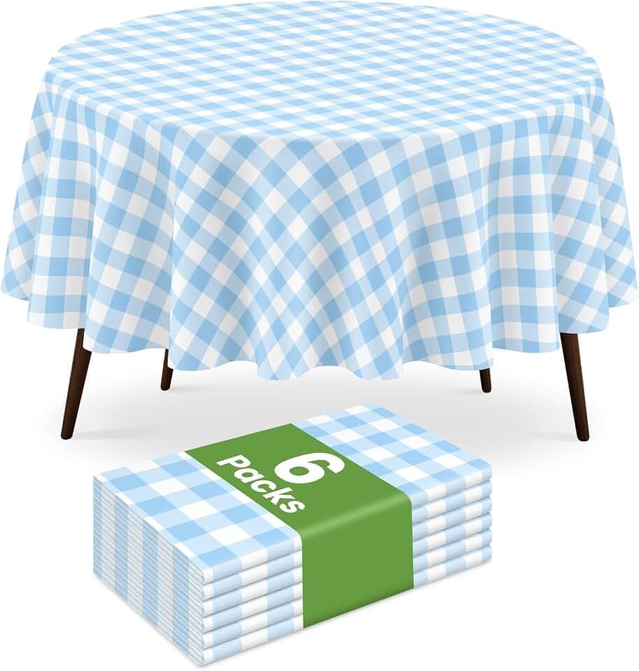 84" Blue Gingham Round Plastic Tablecloth Disposable, 6 Pack