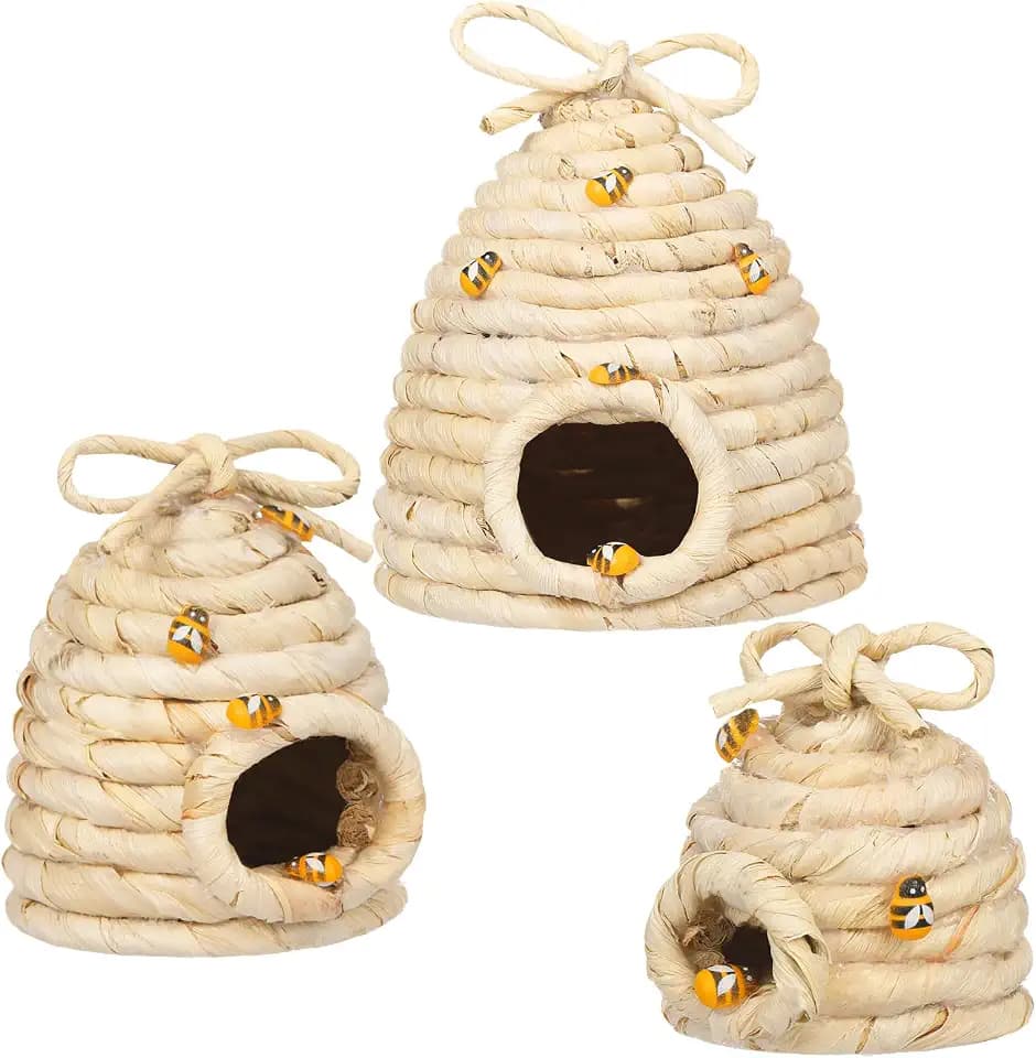 Jutom 3 Pcs Bee Hive Decor, Farmhouse Tiered Tray, Straw Color, Simple