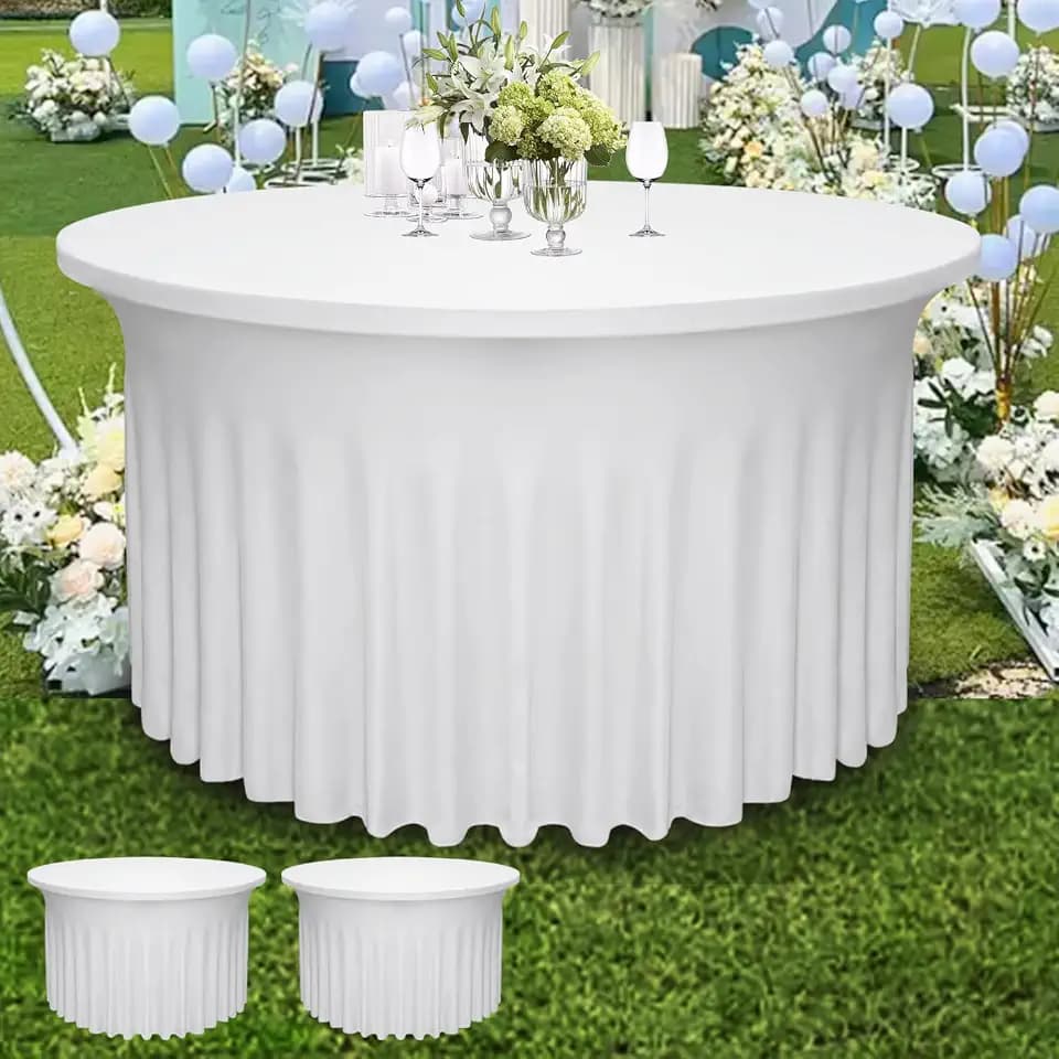 2 Pack White Round Table Skirt, Fits 5ft Tables (60" Dia x 30" H)