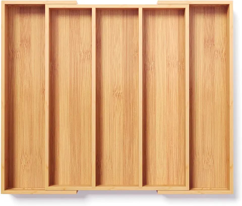 Fibogollo Expandable Bamboo Silverware Organizer, Kitchen Drawer Organizer